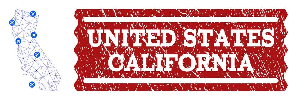 Air Ticket Composition of Polygonal Mesh Map of California and Distress Seal Stock Illustration