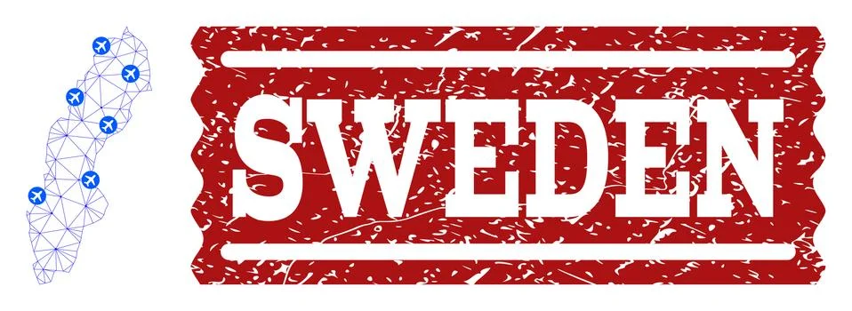 Air Ticket Composition of Polygonal Mesh Map of Sweden and Distress Stamp Stock Illustration