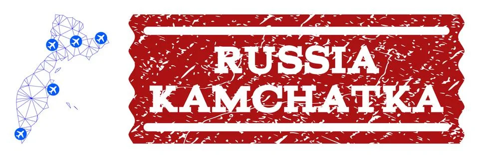 Air Ticket Composition of Polygonal Mesh Map of Kamchatka Peninsula and Grunge Stock Illustration