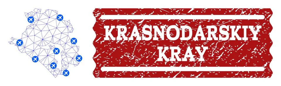 Air Ticket Composition of Polygonal Mesh Map of Krasnodarskiy Kray and Distress Stock Illustration