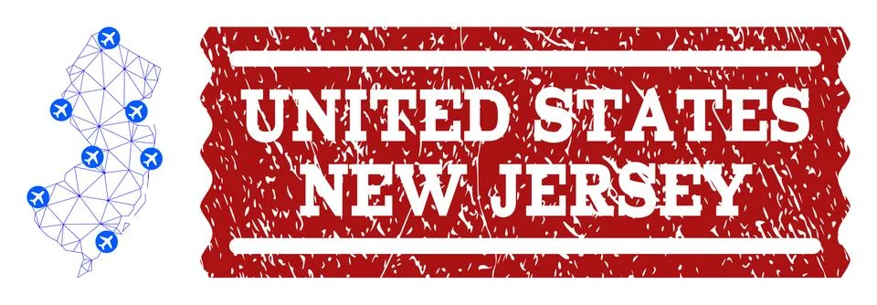 Air Ticket Composition of Polygonal Mesh Map of New Jersey State and Scratched Stock Illustration