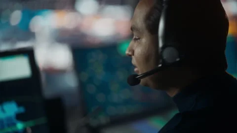 Air Traffic Control Specialist Works in Airport Tower at Night Stock Footage 151915666