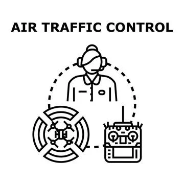 Air traffic control system managing drone technology Stock Illustration