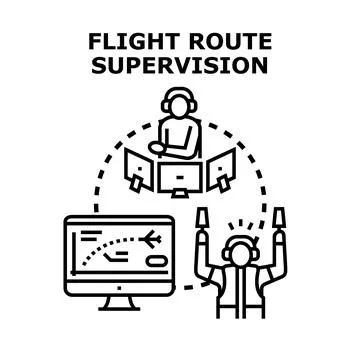 Air traffic control system supervising flight routes and ground operations Stock Illustration