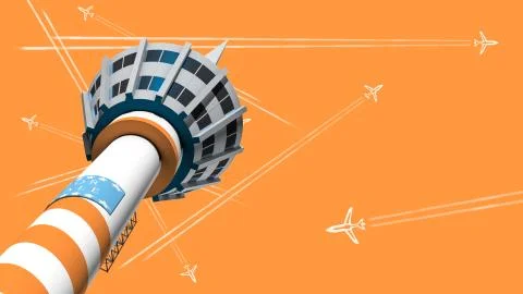 Air Traffic Control Tower, 3D rendering Big modern airport illustration. Urba Stock Illustration