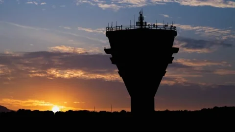 Air Traffic Control Tower in International Airport, Time Lapse at Sunrise Stock Footage 180912854