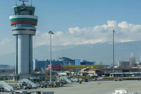 Air traffic control tower at Sofia International Airport, Bulgaria 스톡 사진