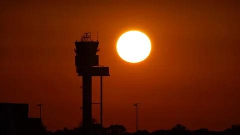 Air traffic control tower in sunset Stock Footage 81454080