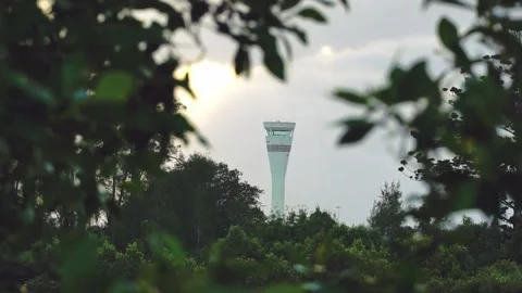 Air Traffic Control tower viewed through lush green vegetation. Brisbane Stock Footage 145559549