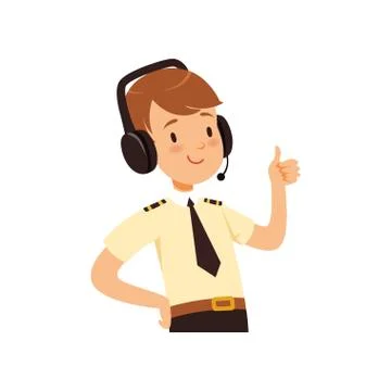 Air traffic controller character, boy in uniform with headset of vector Stock Illustration