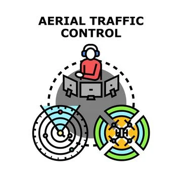 Air traffic controller managing aerial airspace navigation system Stock Illustration