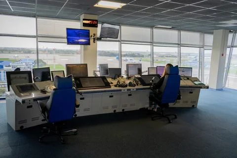 Air traffic controller workplace. Work space of the manager of takeoffs and Stock Photos