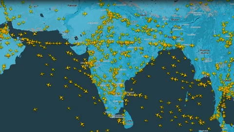 Air traffic map with commercial flights over India and South Asia Stock Footage 337166895