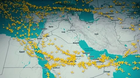 Air Traffic Map On Computer Screen Showing Flights Avoiding Iran And Middle East Stock Footage 330588150
