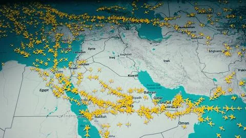 Air Traffic Map On Computer Screen Showing Flights Avoiding Iran And Middle East Stock Photos