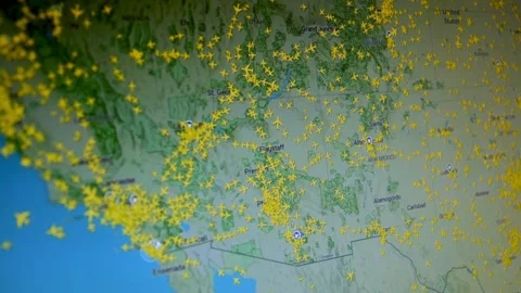 Air traffic map over USA North America Icons of planes satellite shot citie.. Stock Footage 234514385