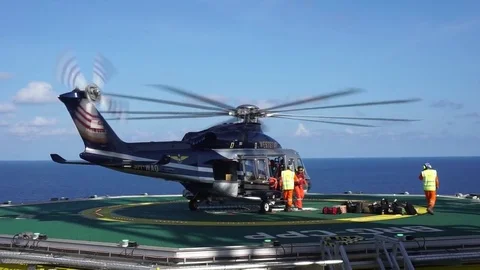 Air Transportation for offshore workers at oil and gas platform. Video stock 83605853