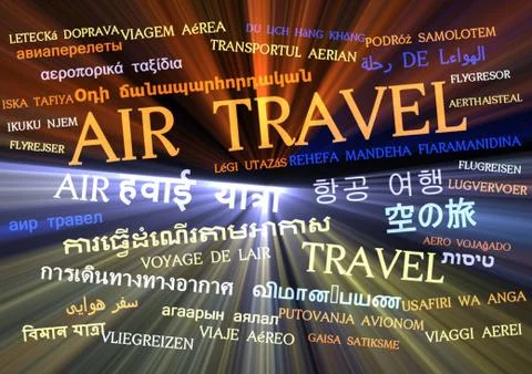 Air travel multilanguage wordcloud background concept glowing Stock Illustration