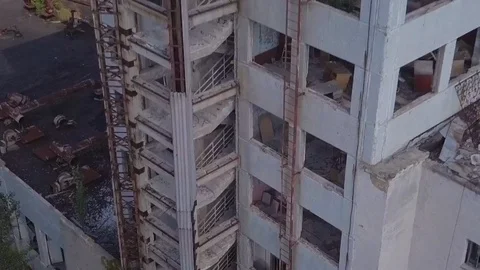 Air view of destroyed buildings by years, nature and radiation. Chernobyl zone Video stock 108123768