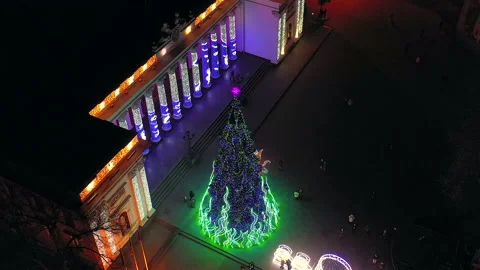 Air view of Dumskaya Square and the main Christmas tree in Odessa. Ukraine. Stock Footage 167457795