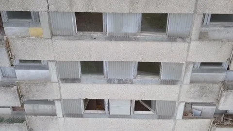 Air view od dead big house in the Chernobyl city after nuclear catastrophe Stock Footage 108123169