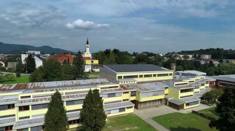Air view on school with solar panels and church Stock Footage 55270499