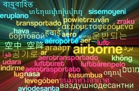 Airborne multilanguage wordcloud background concept glowing Stock Illustration