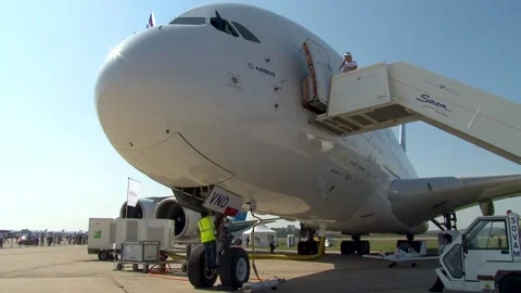 Airbus A-380. Specialist performs work in niche of front pillar. MAKS-2011. Stock Footage 197784982