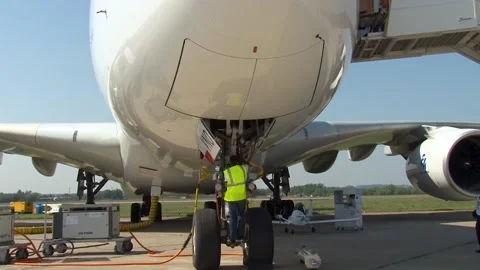 Airbus A-380. Specialist performs work in niche of front pillar. MAKS-2011. Video stock 201998428