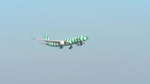 Airbus A330-900 Condor D-ANRI green stripes on approach at Phuket Airport Stock Footage 337905986