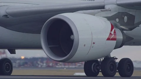 Airbus A330 Engine and wheels Taxi on runway Stock Footage 81861380