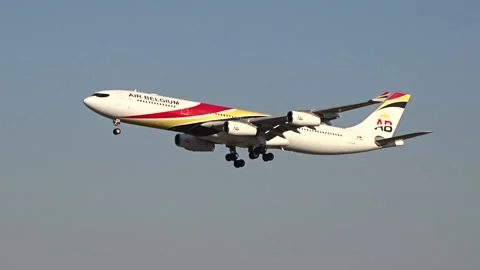 Airbus A340-300 Air Belgium Landing at Brussels Airport Stock Footage