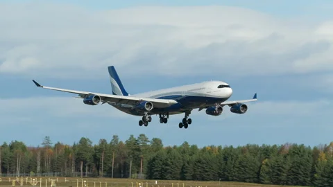 Airbus a340 hi fly malta arrival landing oslo airport norway october 2023 Stock Footage 252788006