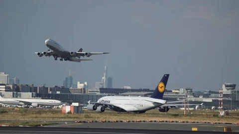 Airbus A380, Boeing 747 Airplanes Take Off, Landing at International Airport Stock Footage