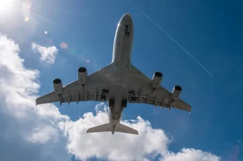 Airbus A380 Jumbo Jet flying overhead Stock Photos