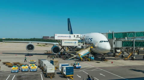 The Airbus A380 unloading and loading of good at airport. Stock Footage 66555001