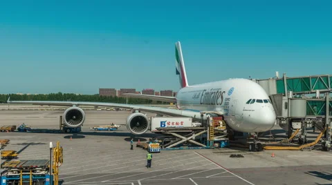 The Airbus A380 Unloading and loading of goods at Airport . Stock Footage 66556474
