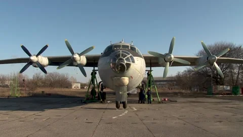 Aircraft An-12 (NATO codification Cub) on hydraulic lifts. Flight test station Stock Footage 170883347