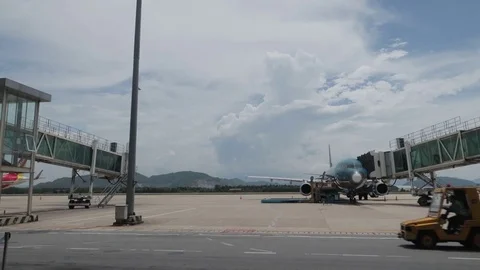 Aircraft after landing. Arrive at Da Nang Airport for service. Stock Footage 117445282
