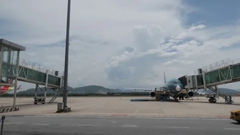 Aircraft after landing. Arrive at Da Nang Airport for service. Stock Footage 117445327