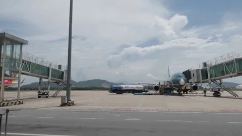 Aircraft after landing. Arrive at Da Nang Airport for service. Stock Footage 117445835