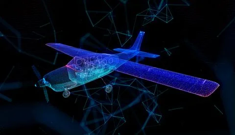 Aircraft. Airplane with piston engine and propeller. Polygonal line Digital 3d Illustrazione stock