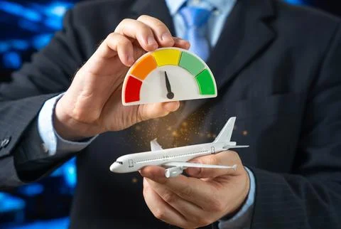 Aircraft and efficiency scale at average levels. Average airline load factor  Stock Photos