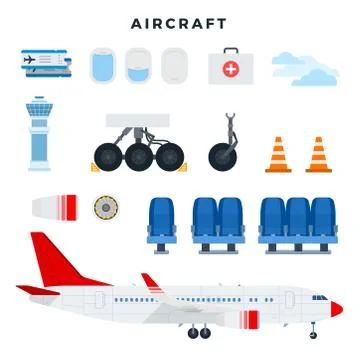 Aircraft and its components. Set of aircraft parts, isolated on white background 스톡 일러스트