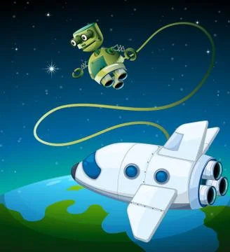 An aircraft and a robot at the outerspace 스톡 일러스트