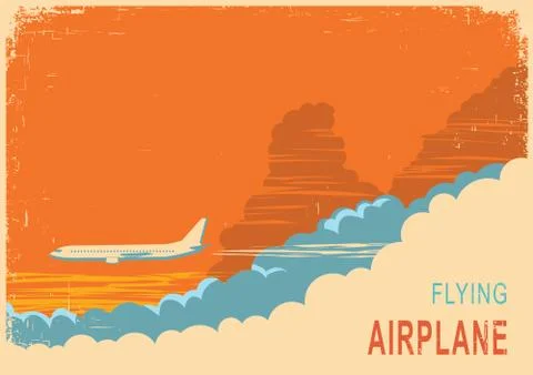 Aircraft and sky. Vector retro poster background with airpalne in sky Stock Illustration