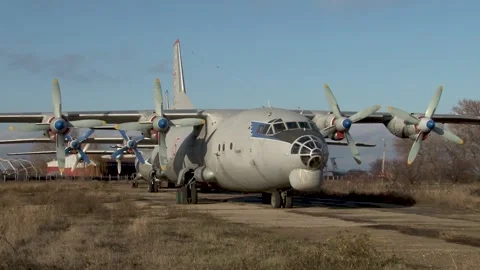 Aircraft Antonov An-12 (NATO codification Cube) in parking lot. Maintenance. Stock Footage 170373313
