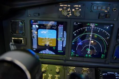 Aircraft attitude indicator display panel and navigation display Stock Photos