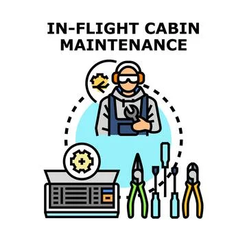 Aircraft cabin maintenance worker with tools concept Stock Illustration