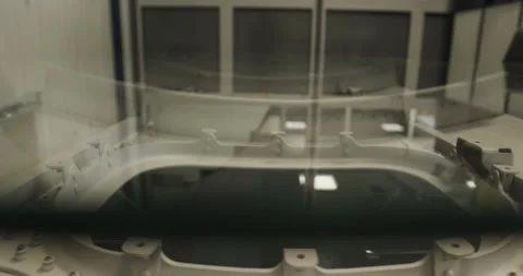 Aircraft Cabin Window Frame Behind Glass, Bright Workshop, Tracking Shot Stock Footage 340305843